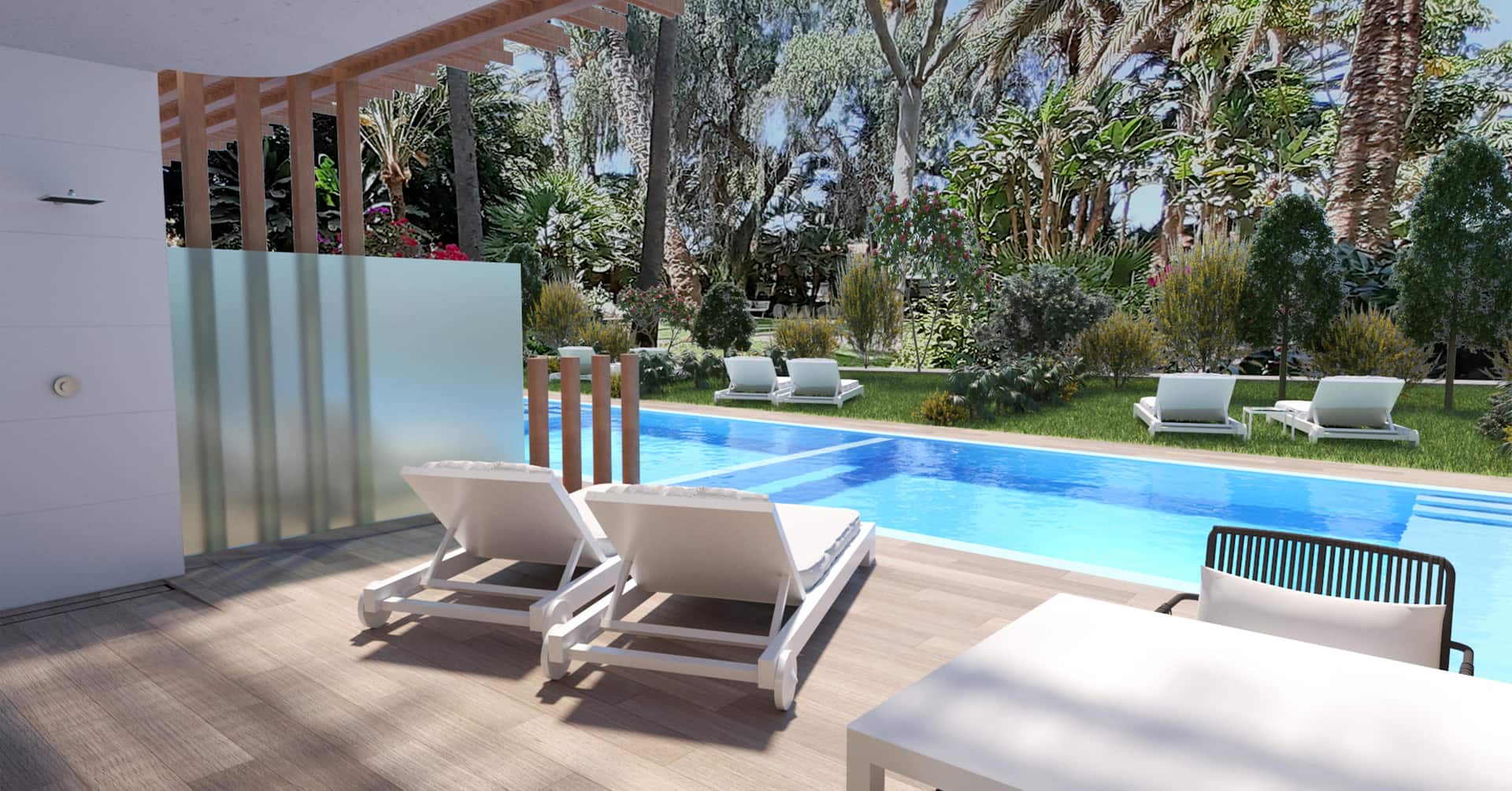 <p>Deluxe-huone, terassilta käynti jaettuun uima-altaaseen</p>